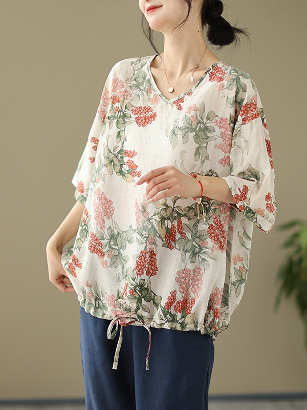 Short Linen Drawstring - Летняя свободная хлопково-льняная футболка с принтом,
